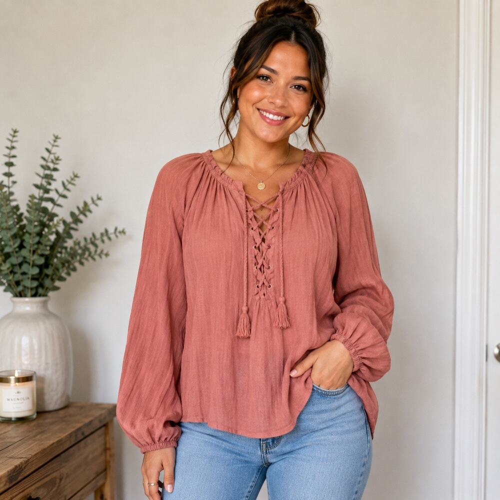 Madewell Old Rose Tassel Tie Lace Up Peasant Blouse XS